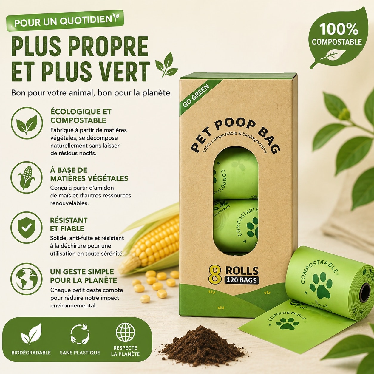 Sacs à déjections biodegradables - boite de 8 rouleaux - 120 sacs